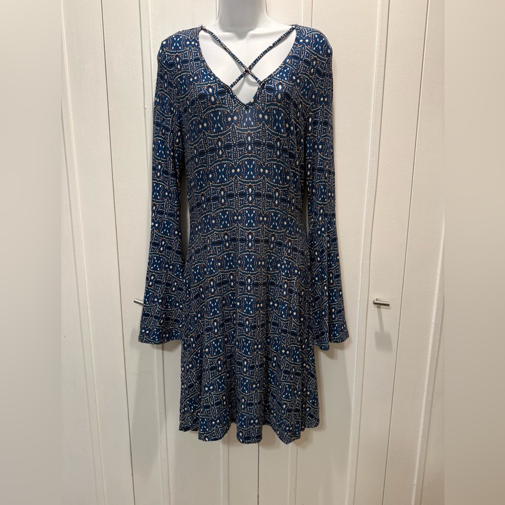 Boho Blue Patterned Long Sleeve Dress with bell sleeves.